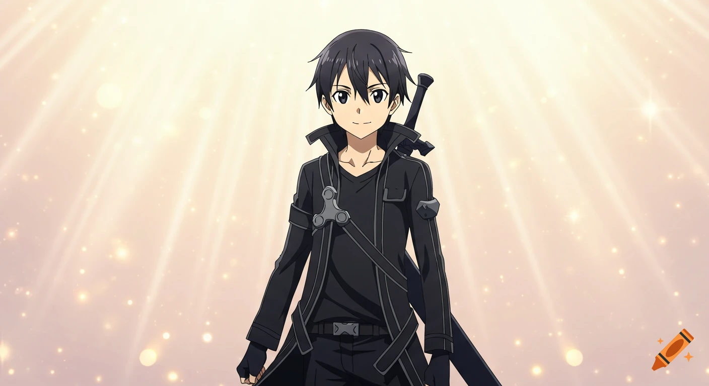 Anime illustration of Kirito from Sword Art Online, wearing black, against a soft glowing background with light rays.