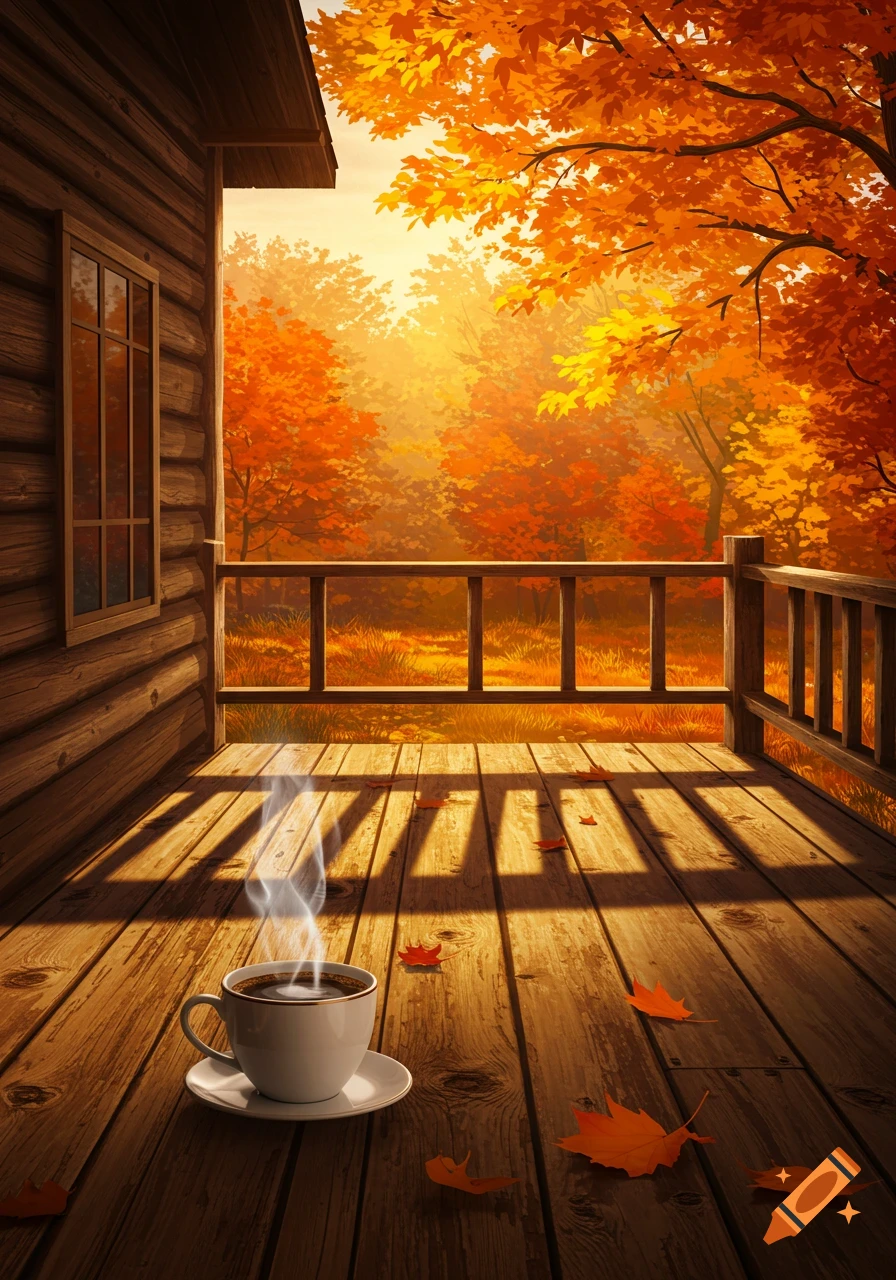A steaming cup of coffee on a wooden cabin porch overlooks a vibrant autumn forest with orange and yellow leaves. Stylized art.