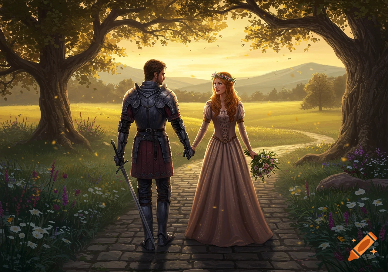 A knight in armor and a princess in a long dress hold hands, walking on a stone path through a sunlit fantasy landscape with trees and fields.