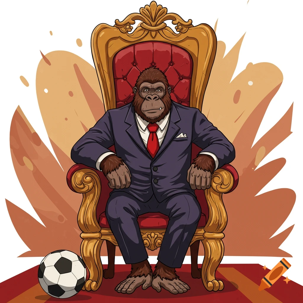 A cartoon gorilla in a suit and red tie sits on a golden king's throne with a soccer ball at its feet.