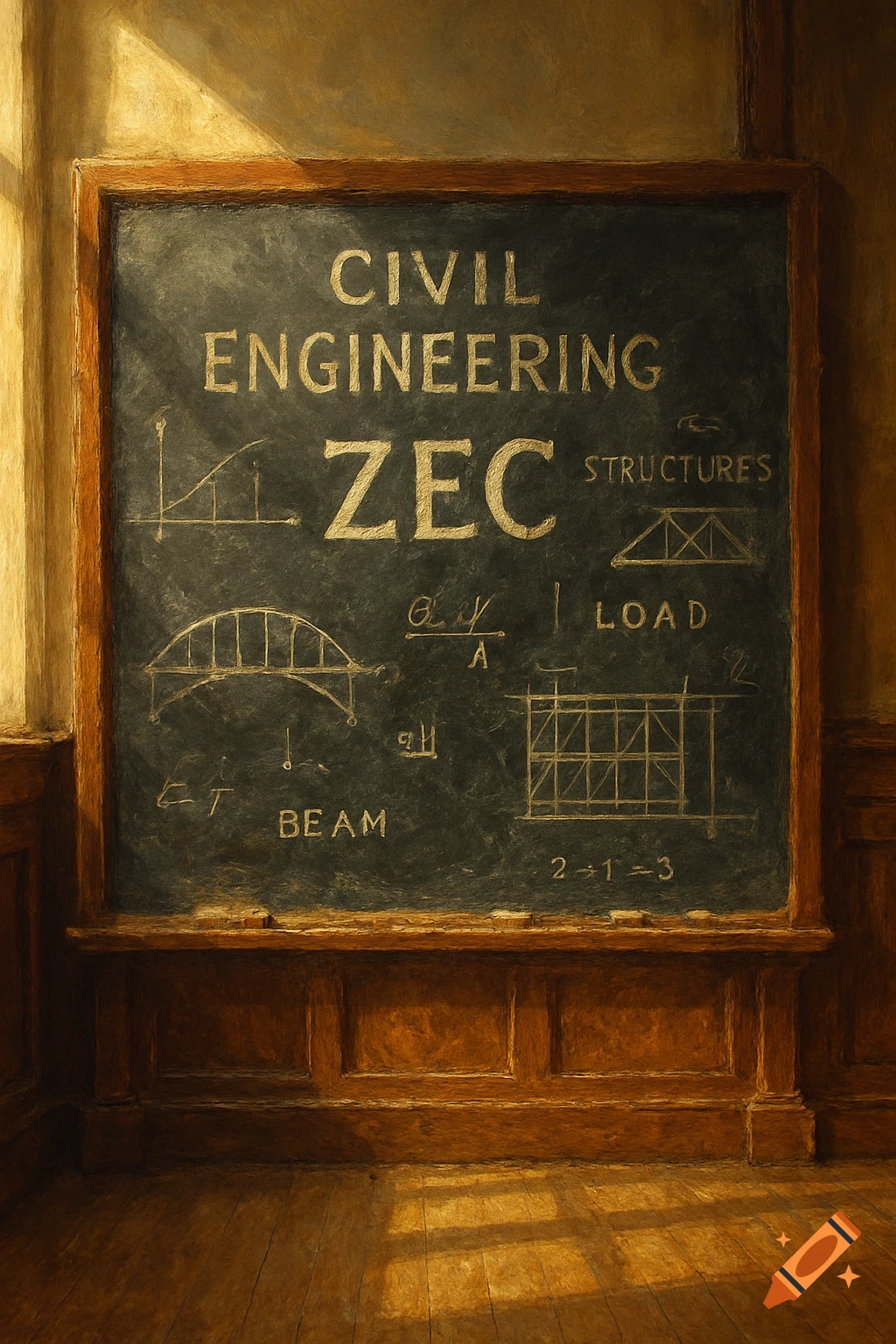 An old blackboard with civil engineering diagrams and terms written in white chalk, illuminated by sunlight.