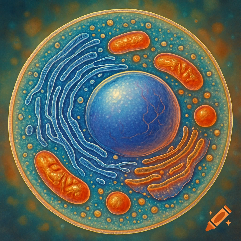 Detailed, colorful illustration of a eukaryotic cell with a central blue nucleus, surrounding organelles, and a textured cytoplasm.