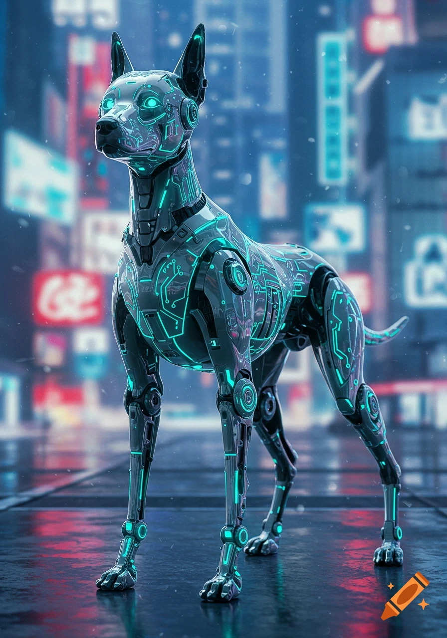 A futuristic robotic dog with glowing cyan circuitry stands in a neon-lit cyberpunk city.