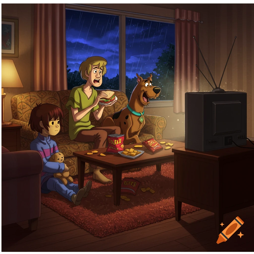 Shaggy and Scooby watch TV while eating snacks, with Frisk holding a teddy bear on the floor, as it rains outside.