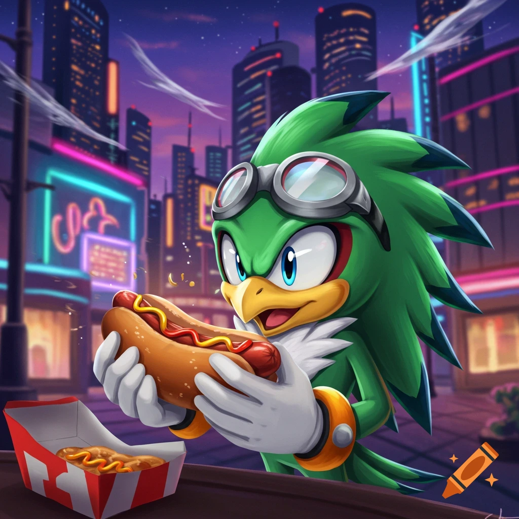 A green hawk-like character, Jet the Hawk, in goggles, happily holds a hot dog in a neon-lit city at night.