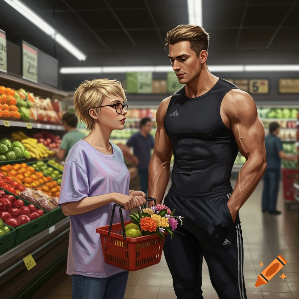 A muscular man in a tank top and a woman with short blonde hair and glasses talk in a brightly lit grocery store. The woman holds a small shopping basket with flowers and fruit.