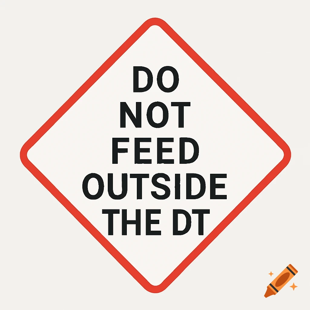 White diamond warning sign with red border and black text 'DO NOT FEED OUTSIDE THE DT' in vector art style.