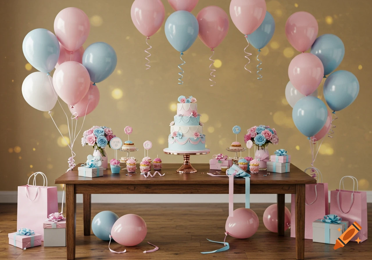 Photorealistic indoor scene of a gender reveal party table with a tiered cake, gifts, cupcakes, flowers, and pink and blue balloons.