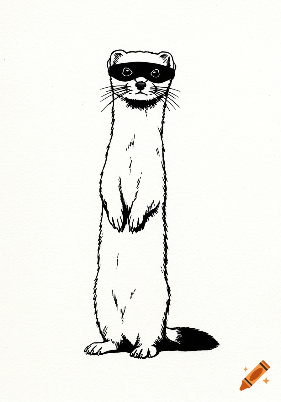 A black and white illustration of a stoat standing upright on its hind legs, wearing a black bandit eye mask.