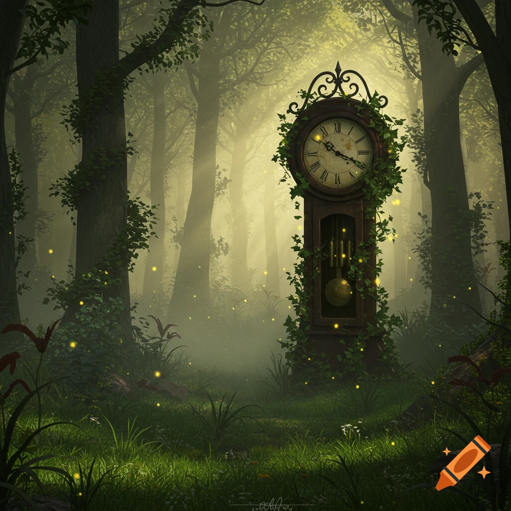 A magical forest scene with a vine-covered grandfather clock, surrounded by luminous fireflies and misty sunlight filtering through trees.