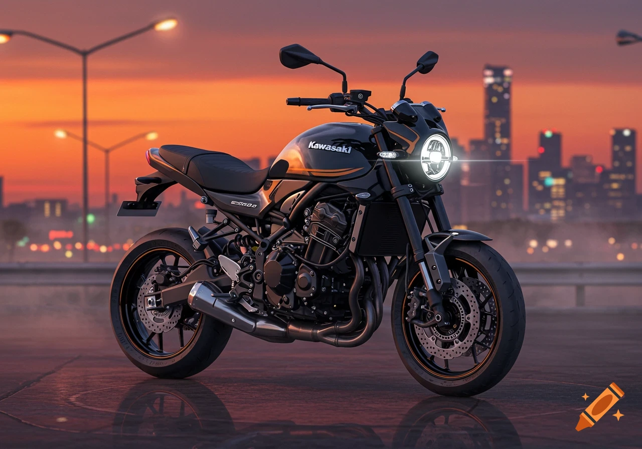 Photorealistic black Kawasaki motorcycle with glowing headlight, city skyline at sunset background.
