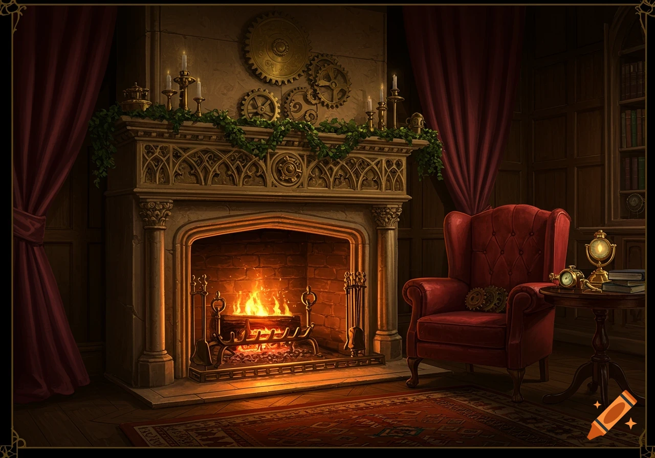 An ornate steampunk Edwardian-style room featuring a grand fireplace with a roaring fire, a red tufted armchair, and gear decorations on the wall.