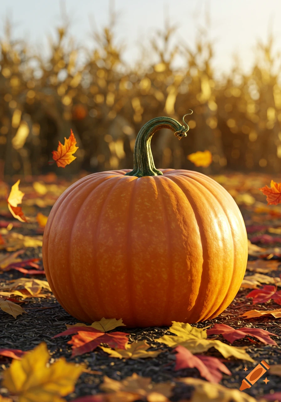 A large orange pumpkin sits on the ground amidst colorful autumn leaves. A sunny field with corn stalks is in the background, photorealistic.