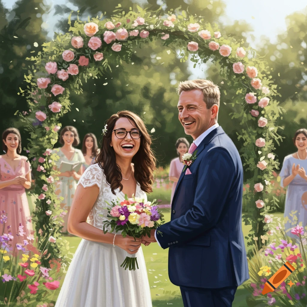 A smiling bride in a white dress and glasses holds a bouquet, standing opposite her groom in a blue suit under a floral arch in a garden wedding.