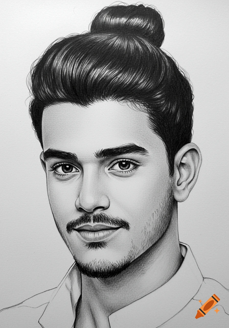 Black and white pencil drawing portrait of a young man with a man bun, mustache, and short beard, wearing a collared shirt.