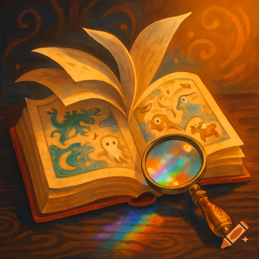 Whimsical open book with creature illustrations on a wooden table, next to a magnifying glass reflecting a rainbow spectrum.