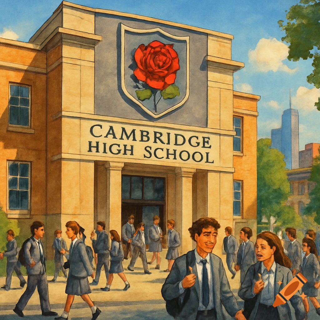 Watercolor illustration of students walking outside Cambridge High School, a large building with a red rose emblem.