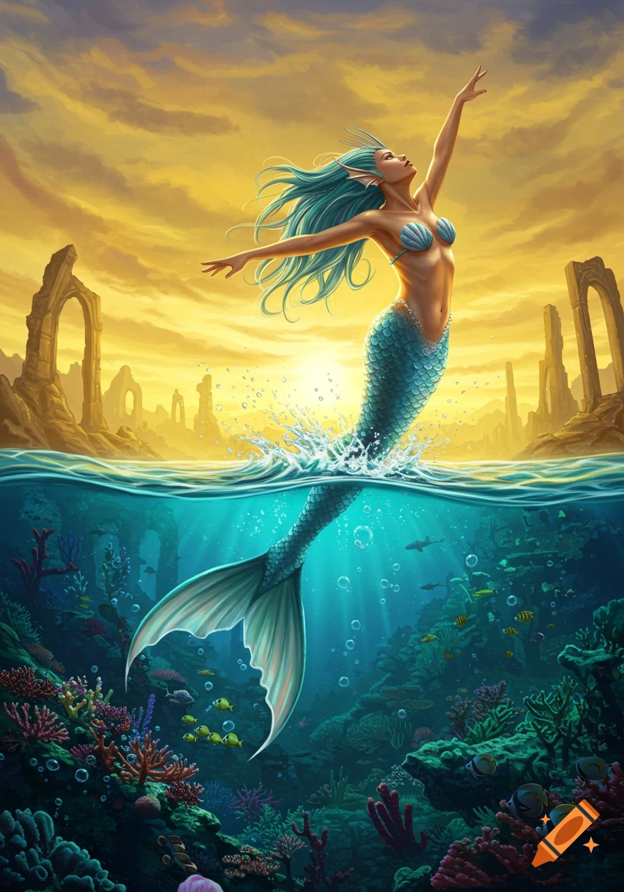 Colorful fantasy illustration of a mermaid with teal hair and tail emerging from the ocean, with underwater coral and ruins in the background.