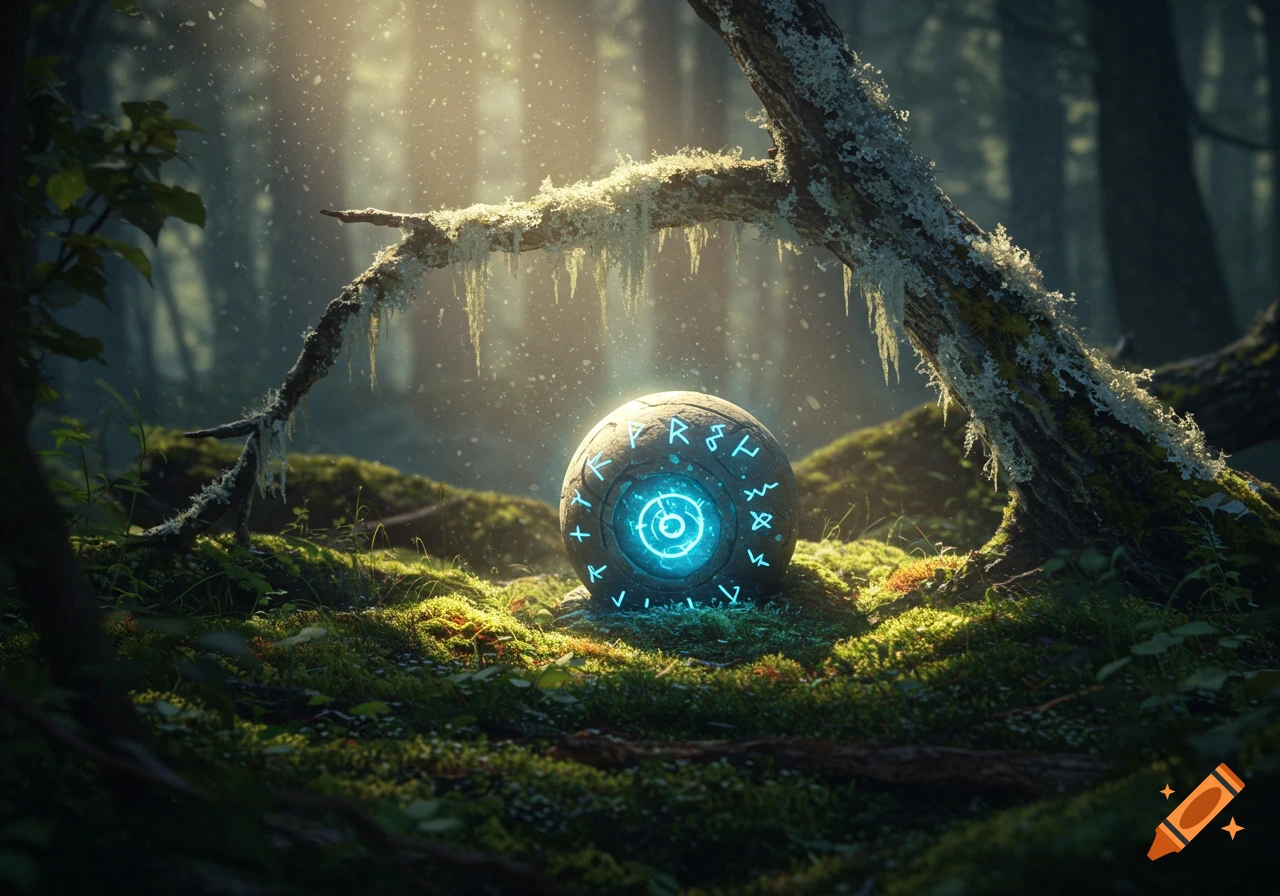 A glowing, runic artifact rests on a mossy forest floor, bathed in sunlight filtering through trees, in a photorealistic style.