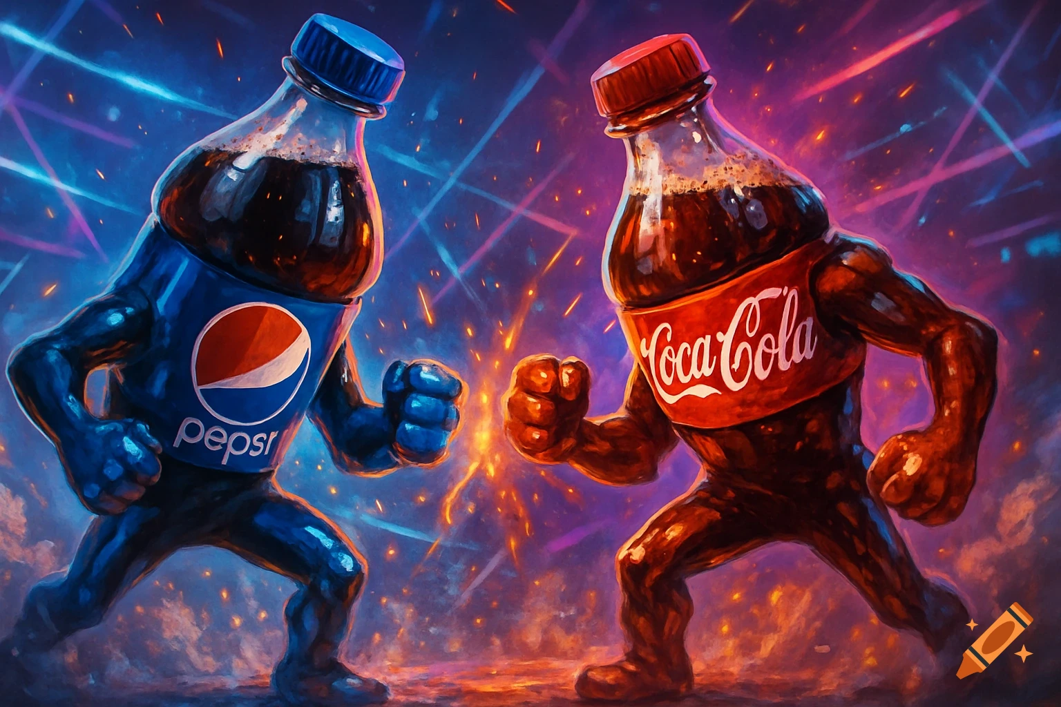 Vibrant illustration of anthropomorphic Pepsi and Coca-Cola bottles, fists clenched, facing each other in a stylized showdown with sparks.
