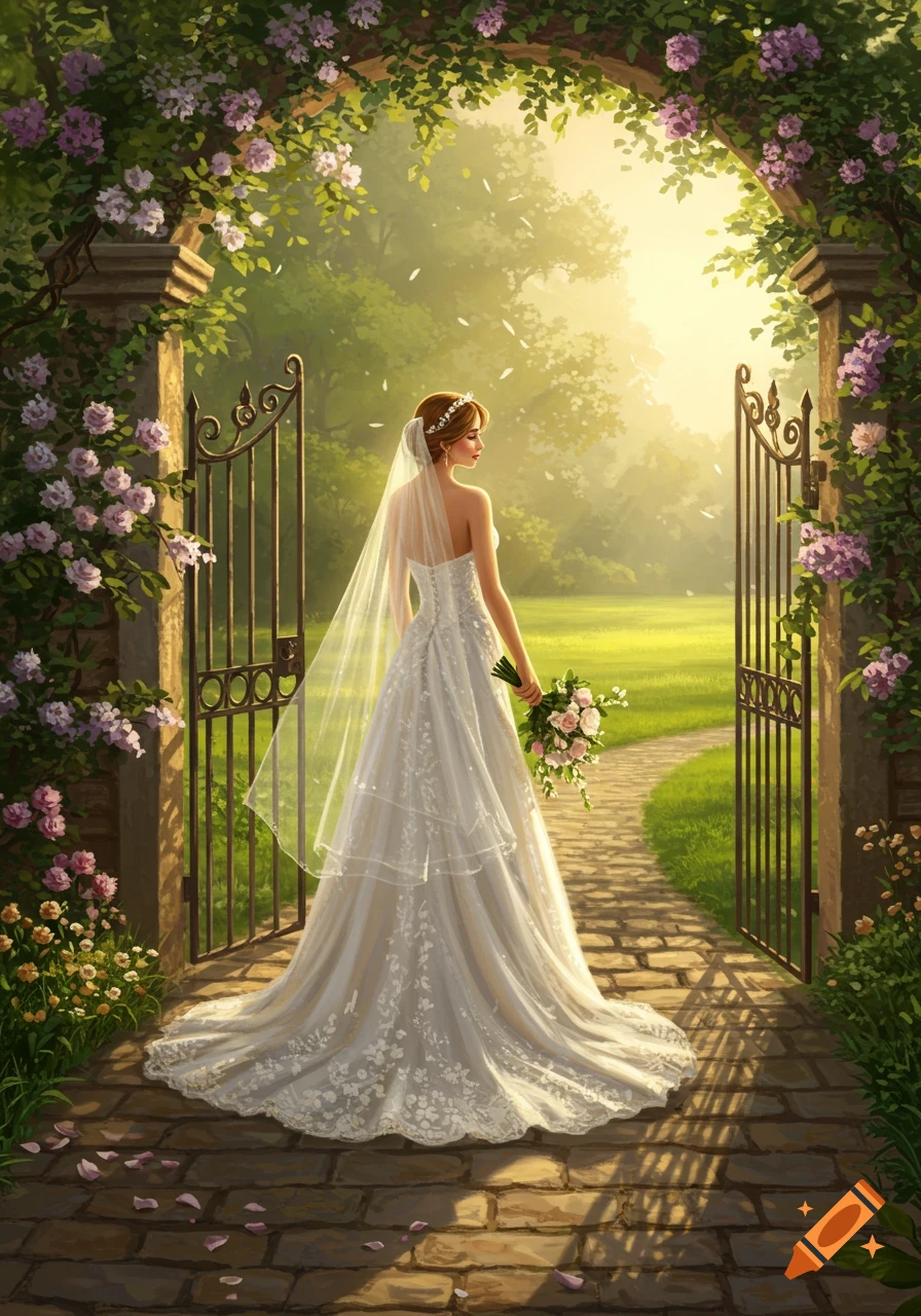A bride in a white wedding dress holds a bouquet, standing in a sunlit garden under a floral archway.