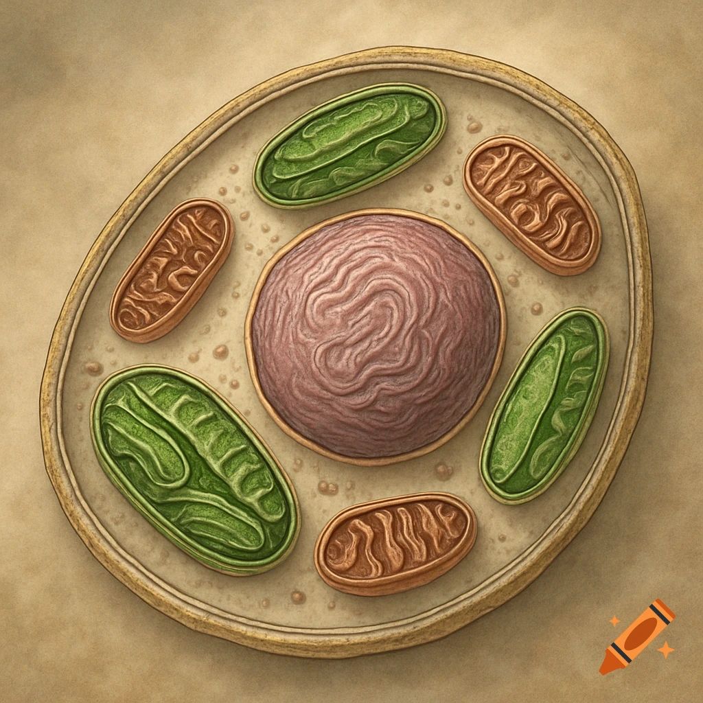 Stylized illustration of a cell showing a nucleus, mitochondria, chloroplasts, cytoplasm, and a cell wall.