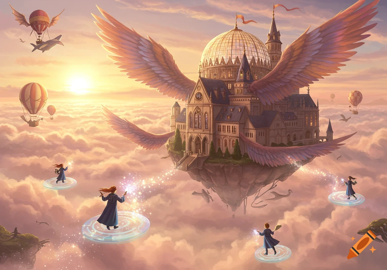 A winged flying school hovers above sunset clouds, with students on glowing platforms casting spells. Hot air balloons dot the sky in this fantasy illustration.