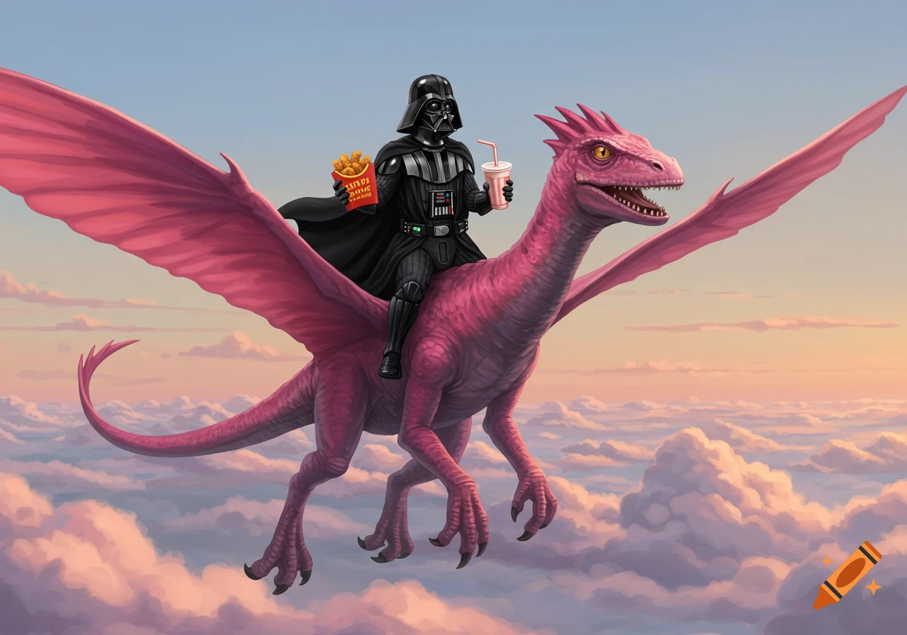 Darth Vader rides a large pink winged dinosaur through the sky, holding a container of chicken nuggets and a milkshake. Stylized illustration.