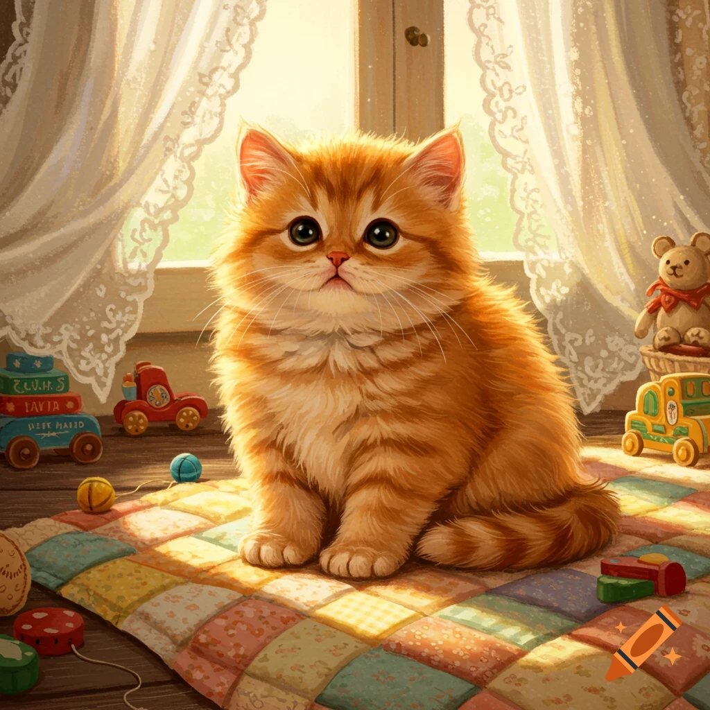 A fluffy orange kitten sits on a colorful quilted blanket, surrounded by toys and bathed in warm sunlight from a window.