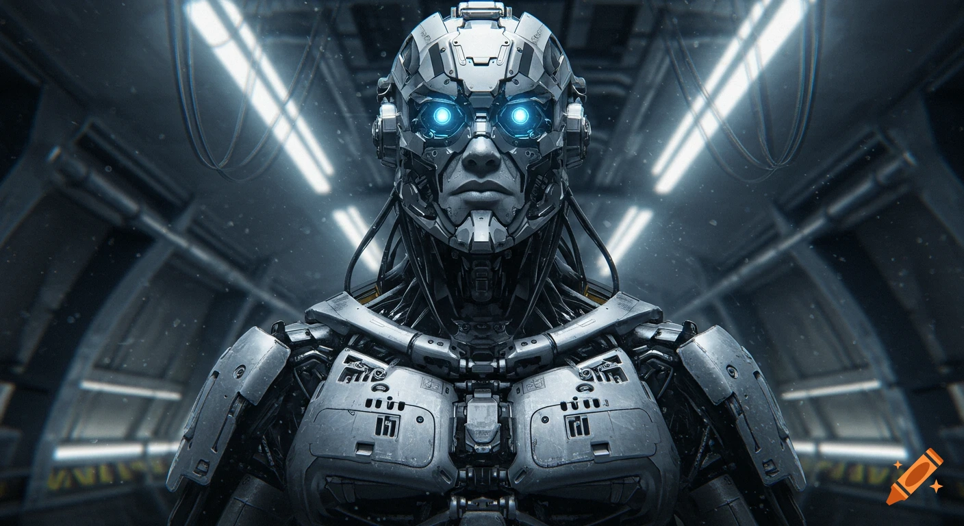 Hyperrealistic cybernetic robot with steel plates, cables, and glowing blue eyes, against an industrial background.