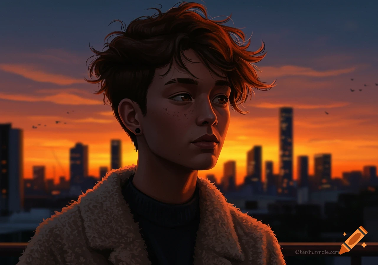 Close-up digital art portrait of a person with short brown hair, looking right, against a warm orange and blue sunset over a silhouetted city skyline.