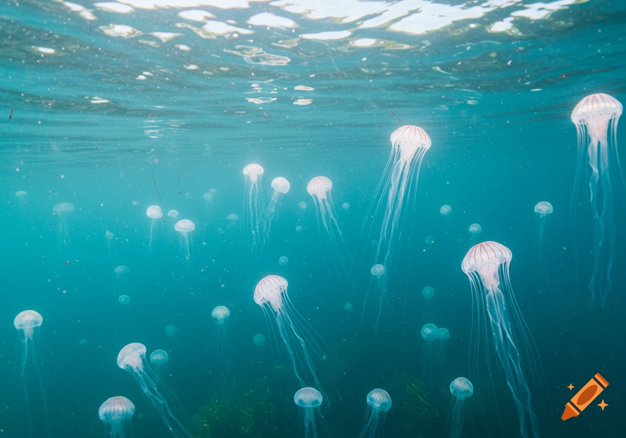 Many translucent jellyfish with striped bells swim in clear blue-green ocean water, light filtering from above.