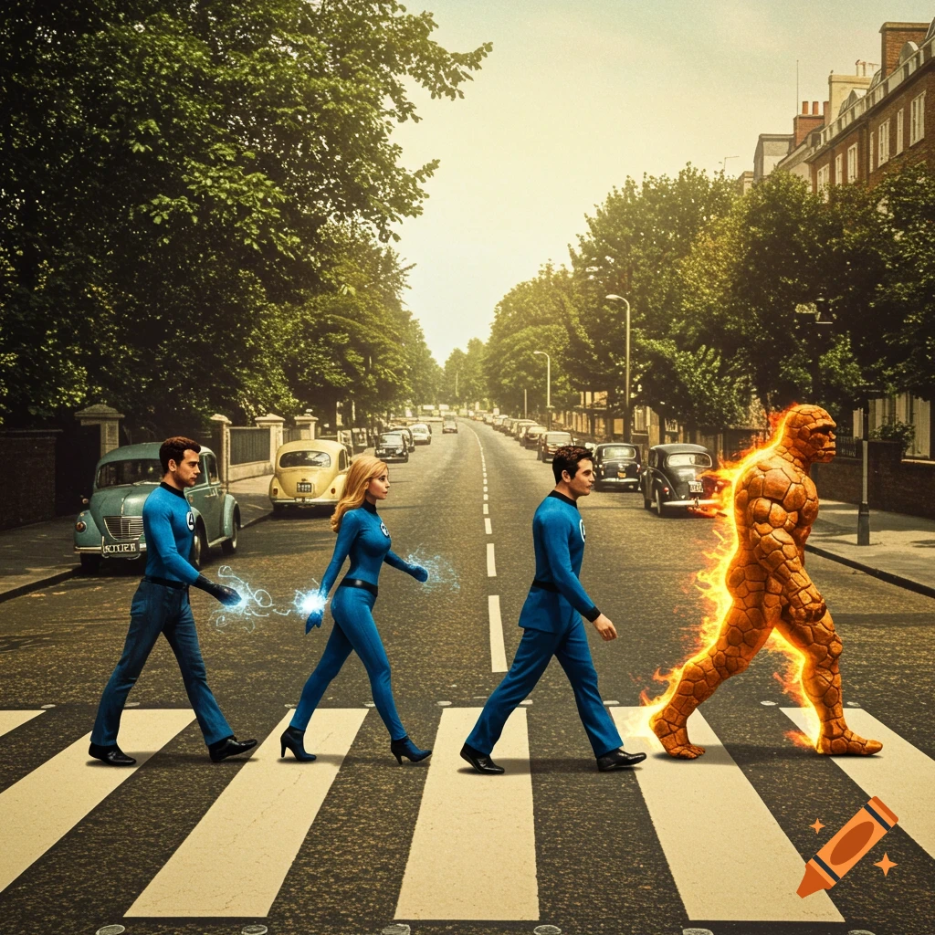 The Fantastic Four, Mr. Fantastic, Invisible Woman, Human Torch, and The Thing, cross a zebra road on a tree-lined street like the Abbey Road album cover.