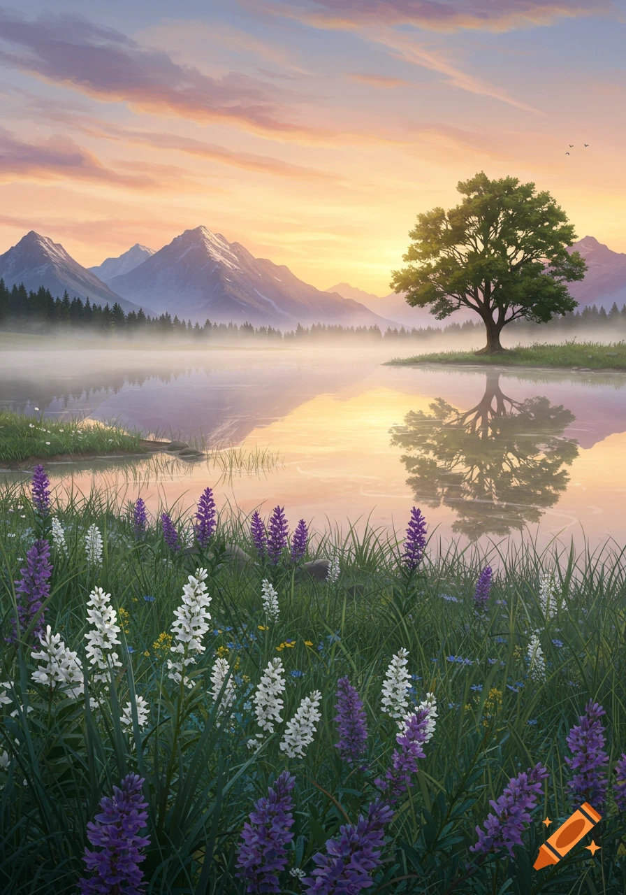 A serene landscape at sunset with a misty lake reflecting a tree, mountains, and colorful wildflowers in the foreground.