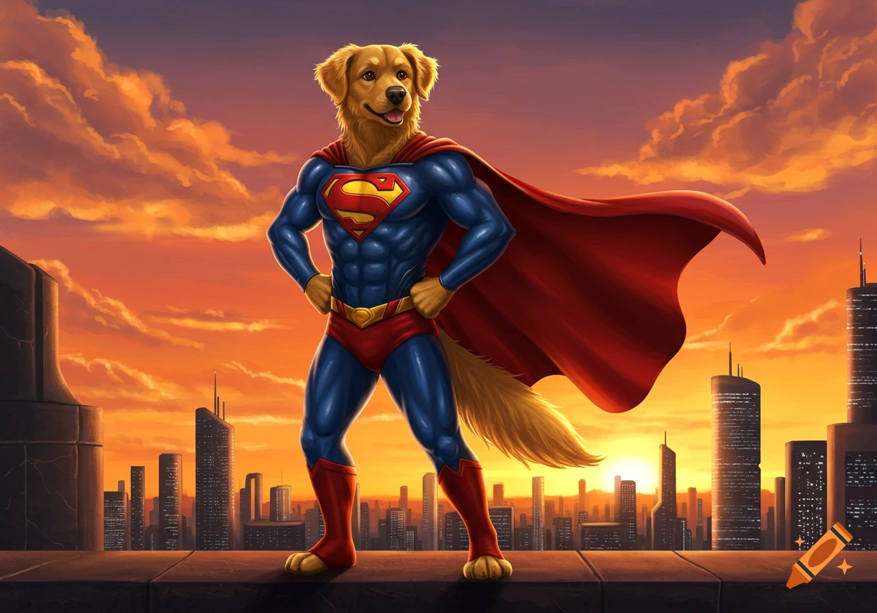 Digital illustration of a golden retriever fursona in a Superman suit, standing on a rooftop overlooking a city at sunset.