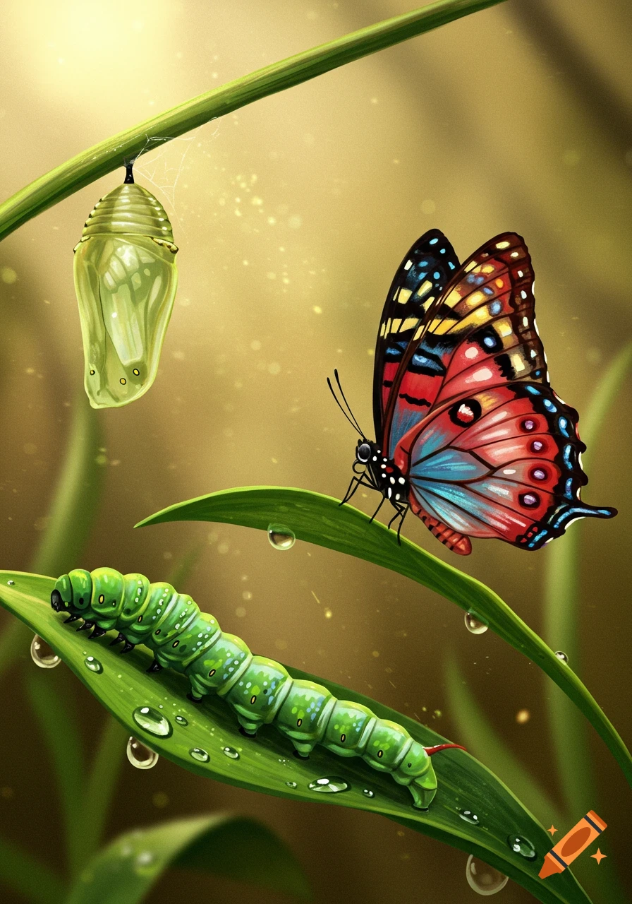 A detailed illustration of a vibrant butterfly, a green caterpillar, and a translucent chrysalis on dewy green leaves, depicting the butterfly lifecycle.