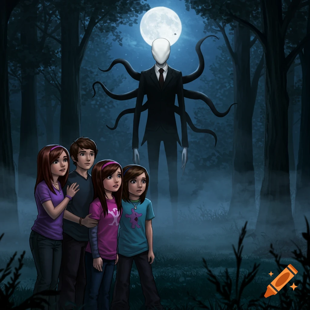Slenderman looms over four terrified children in a dark, foggy forest under a full moon, in an animated style.