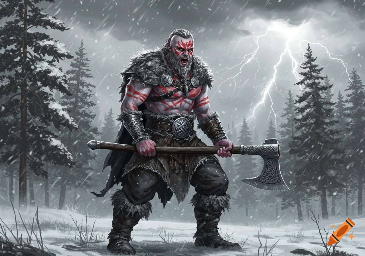 A fierce, red-painted berserker warrior in fur and leather armor roars, holding an axe in a snowy forest during a lightning storm.