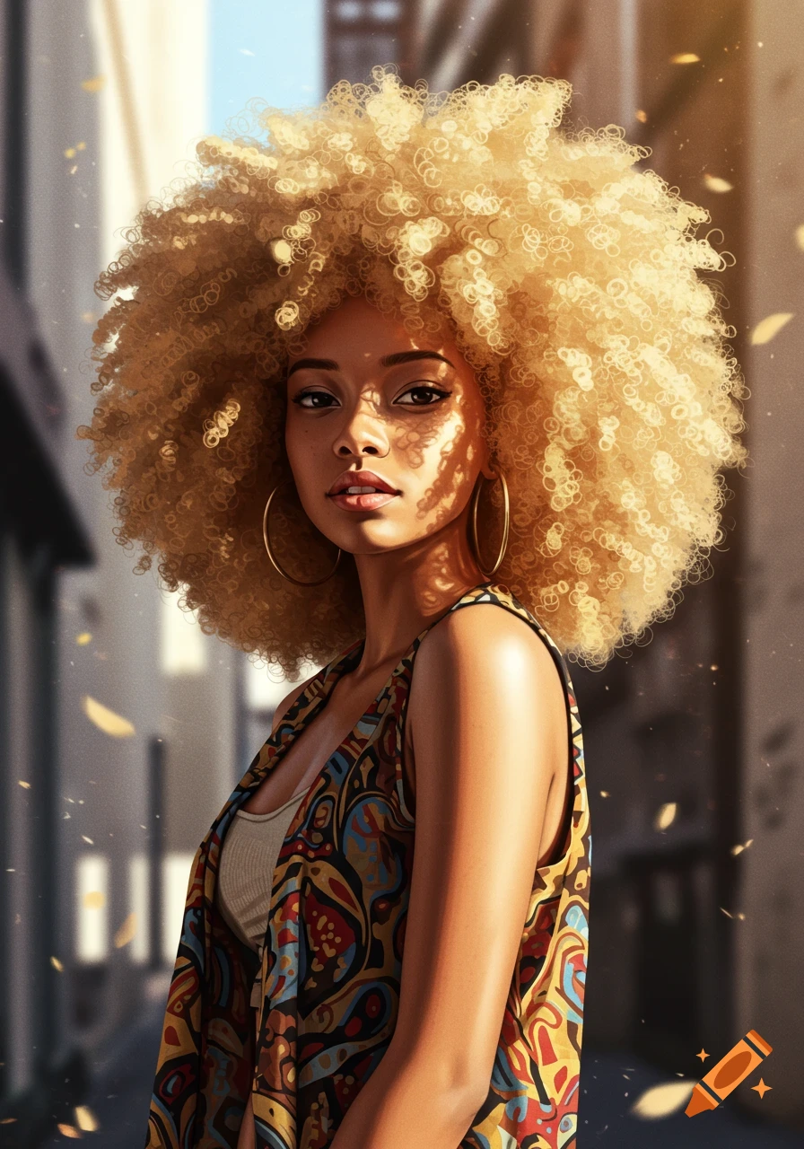 Close-up portrait of a woman with a large blonde afro and hoop earrings, wearing a colorful patterned vest, standing in sunlight.