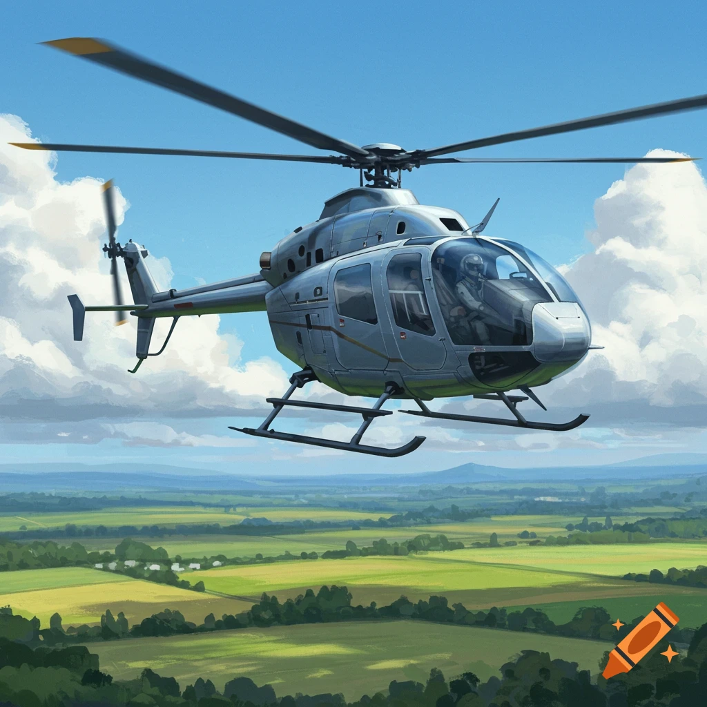 A grey helicopter flies right over lush green fields and distant hills under a blue, cloudy sky.