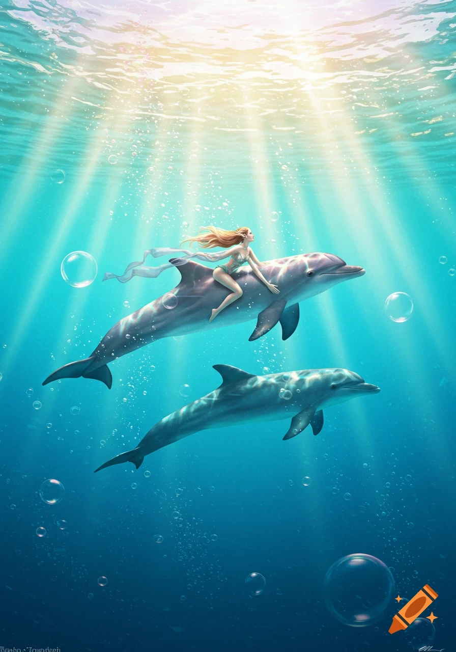 A blonde woman in a swimsuit rides a dolphin underwater, with another dolphin below. Sunlight beams through the clear blue water.