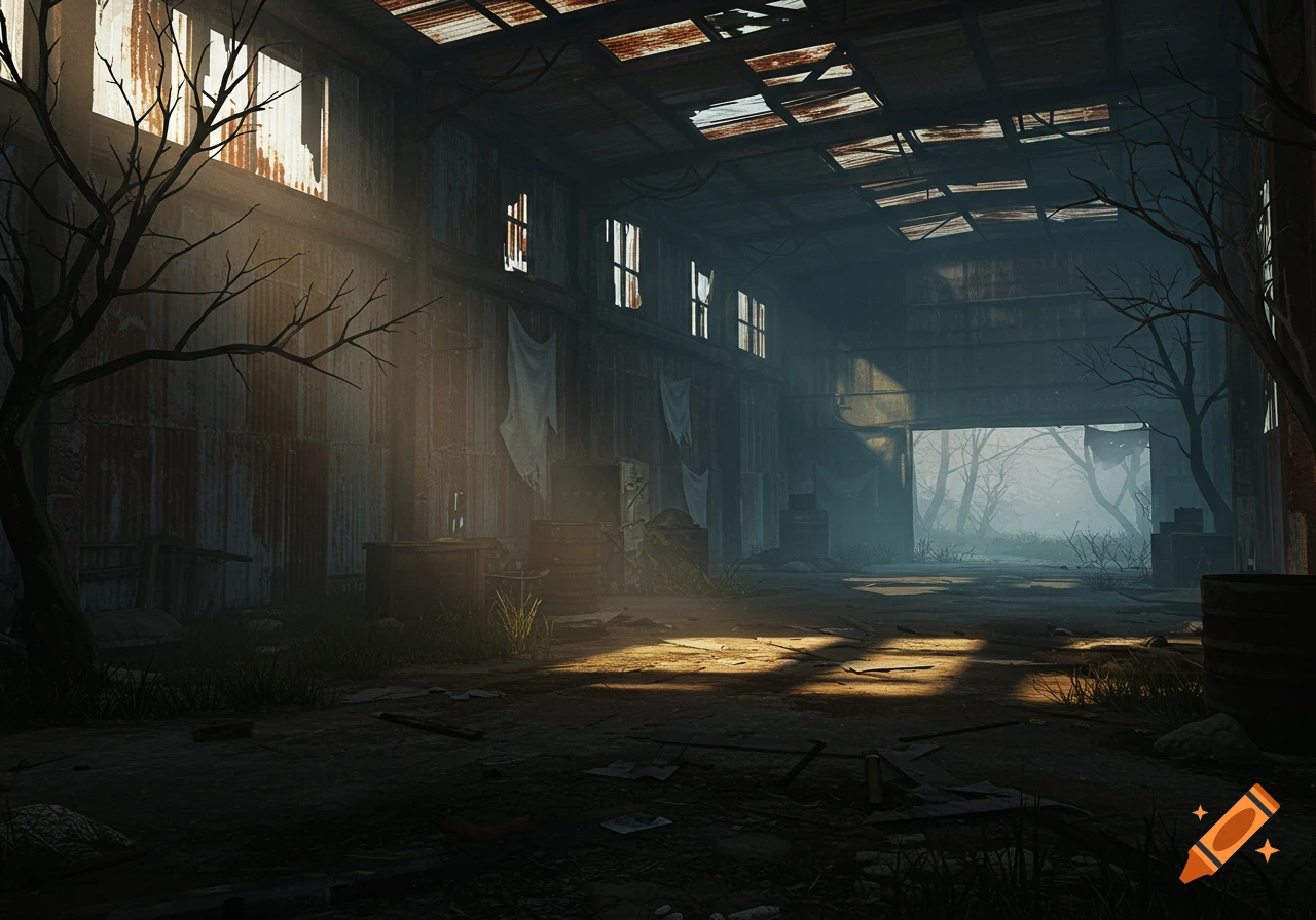 A dark, atmospheric, photorealistic image of a dilapidated abandoned warehouse. Bare trees, rusty walls, broken roof panels, and sunlight streams through windows.