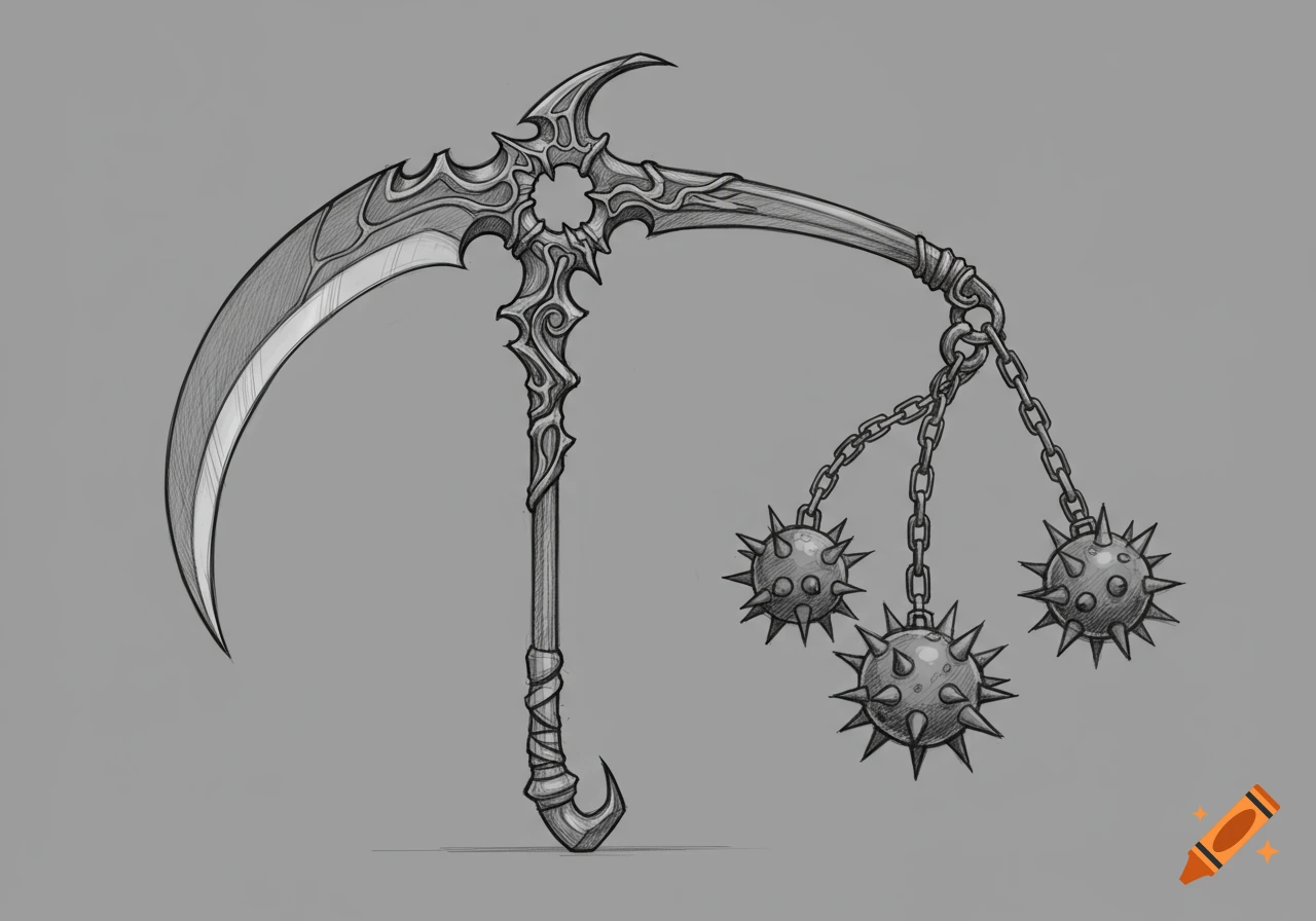 Pencil drawing of an ornate fantasy scythe weapon with a spiked flail attached to the handle.