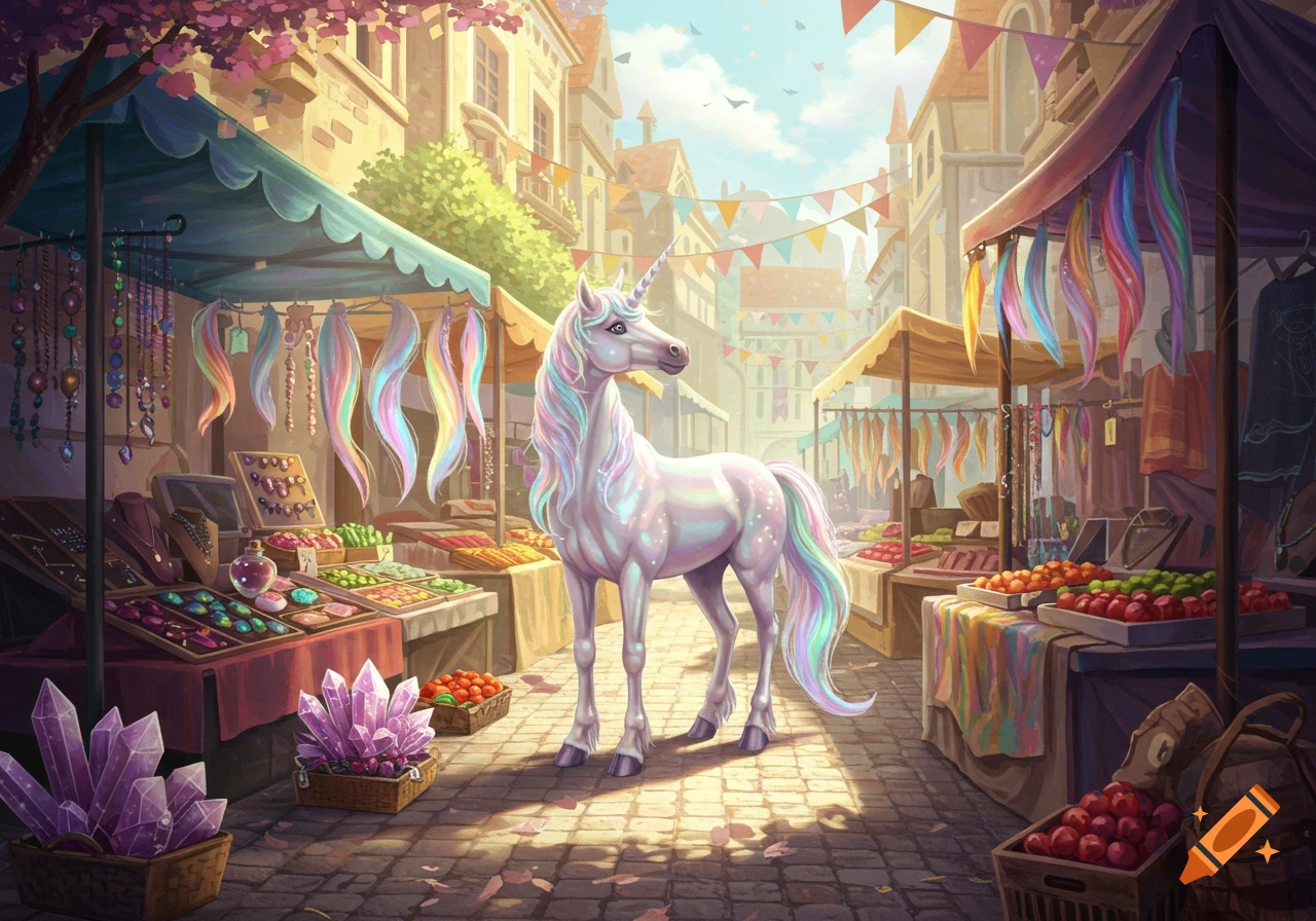 A shimmering white unicorn with a rainbow mane and tail stands in a colorful fantasy outdoor market with stalls selling crystals and rainbow items.