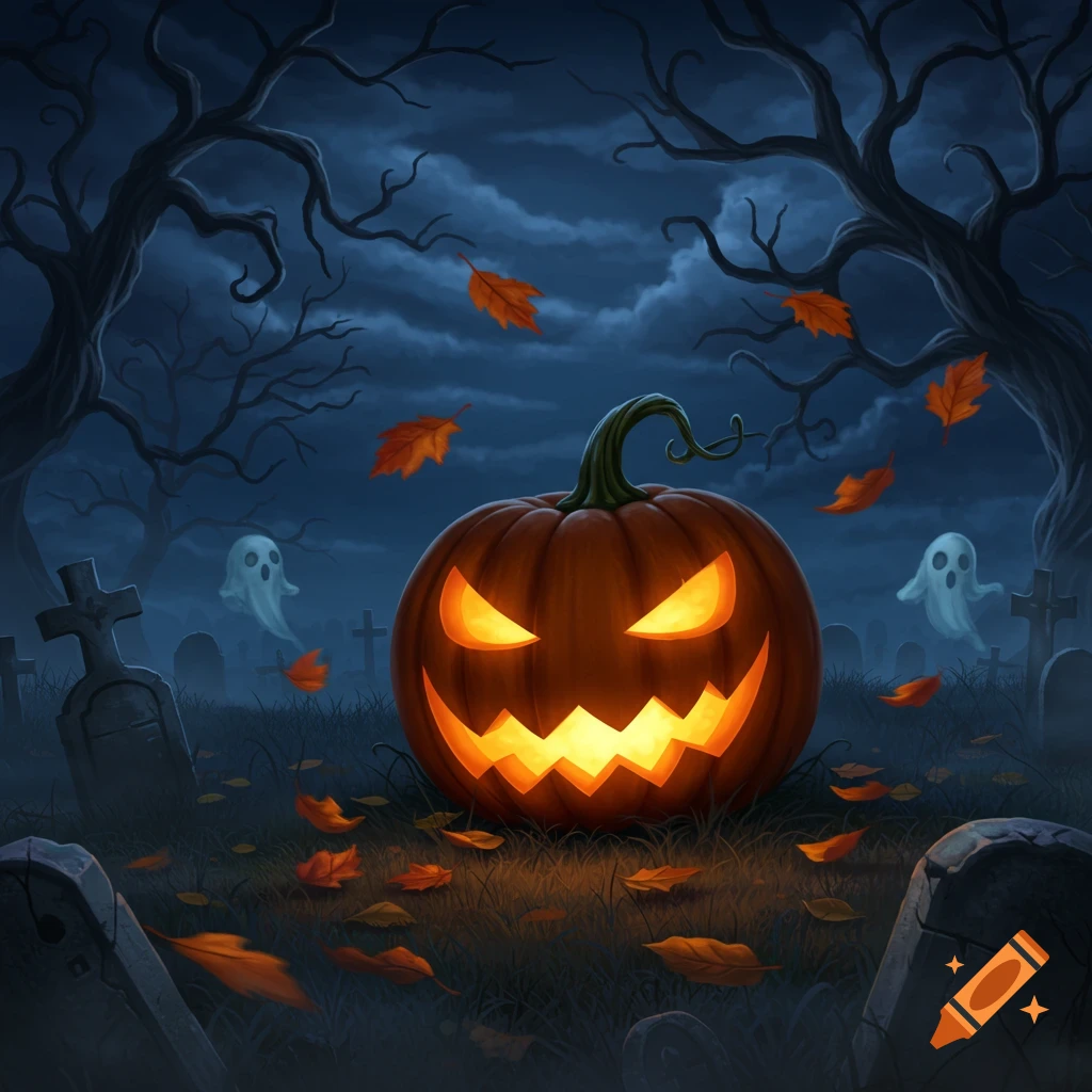 A glowing jack-o'-lantern in a spooky graveyard at night with two white ghosts and bare trees, surrounded by fallen leaves.