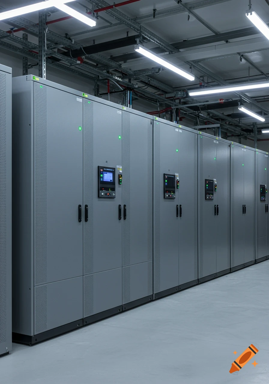 Row of sleek gray industrial cabinets with LED indicators and screens in a clean, modern data center environment.