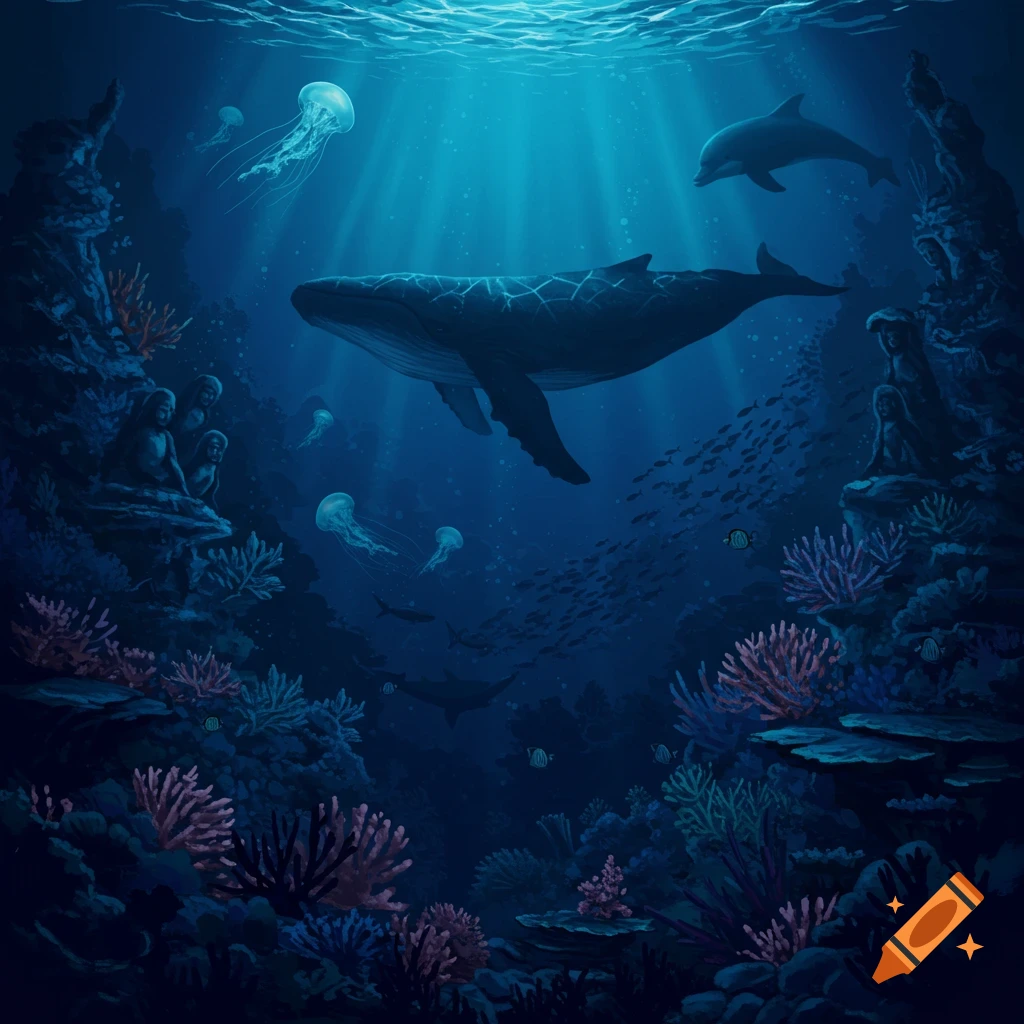 An artistic underwater scene with a whale, dolphin, jellyfish, and fish swimming among diverse coral reefs, illuminated by sunbeams.