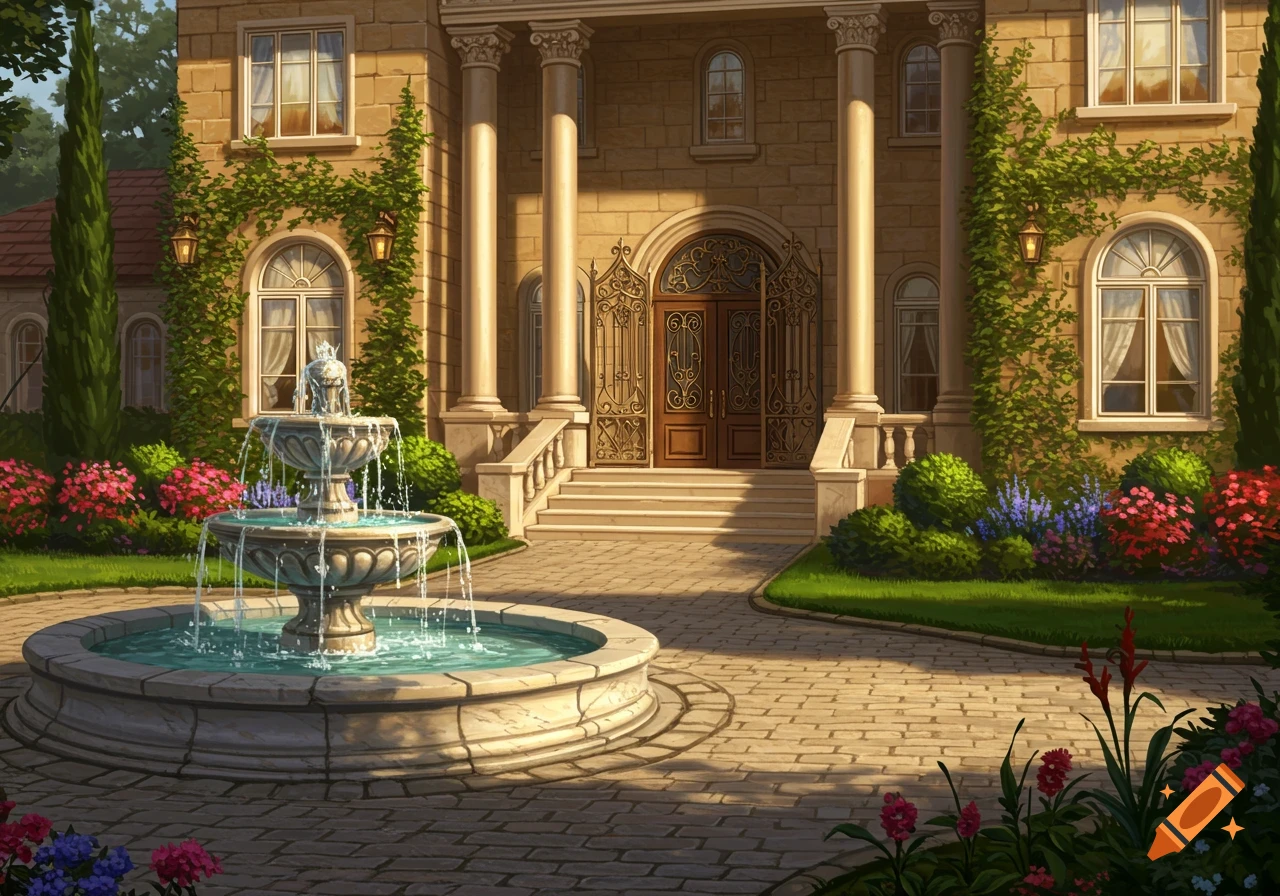 A grand, elegant mansion with columns and ivy, a tiered fountain in the foreground, and lush flower gardens.
