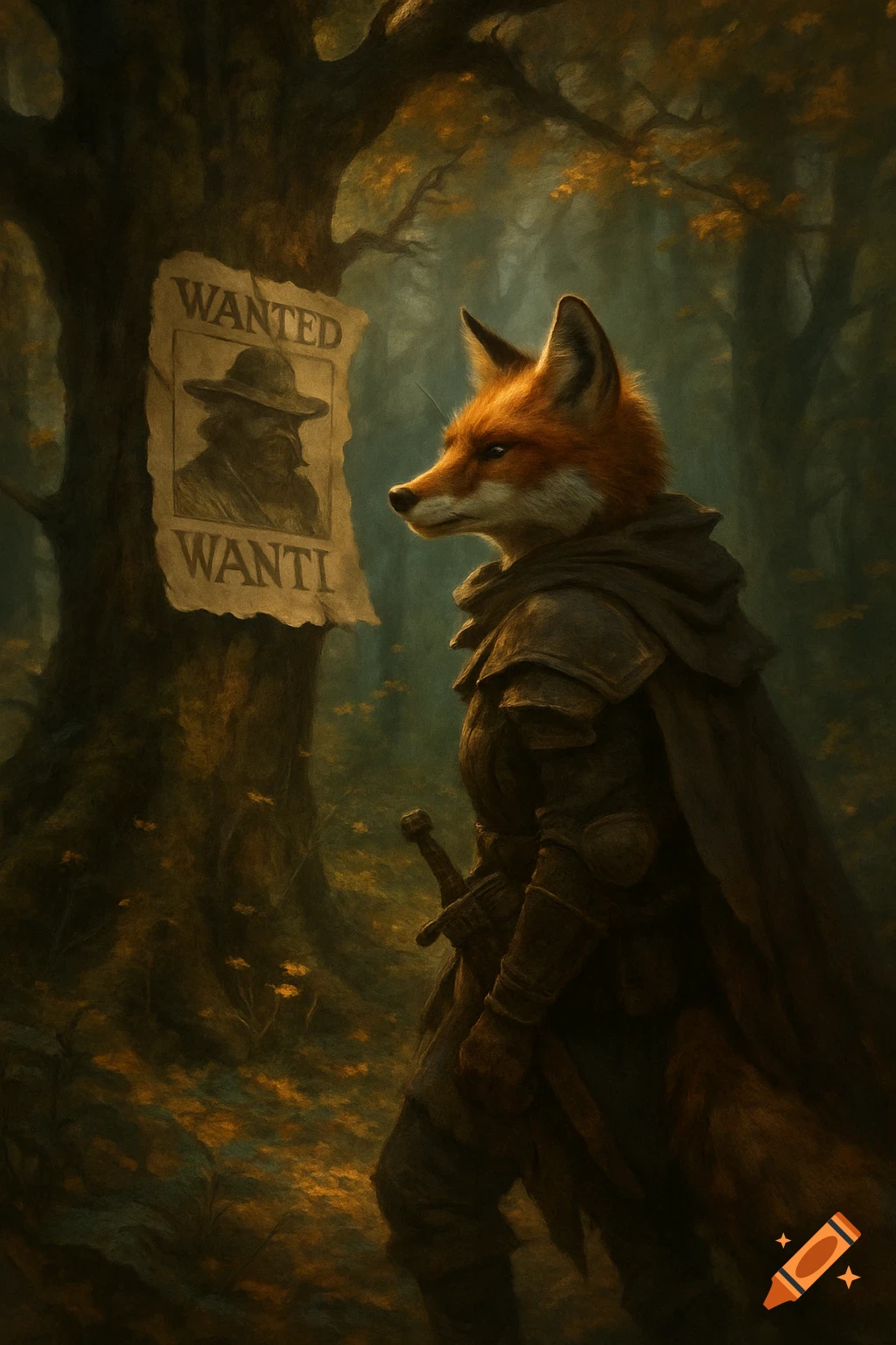 A red fox bounty hunter in a hooded cloak looks at a 'WANTED' poster on a tree in a dark forest, holding a sword.