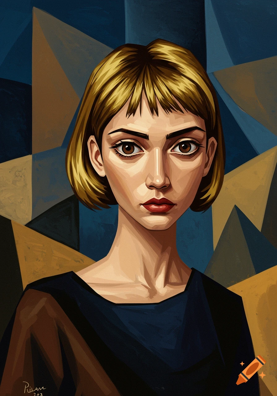 A stylized cubist portrait of a woman with short blonde hair and large brown eyes, set against a background of blue and brown geometric shapes.